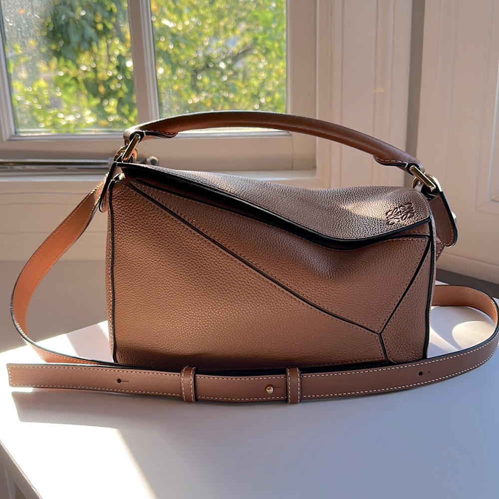 Loewe Puzzle Bag, size small, tan with gold hardware